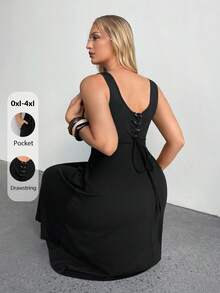 Auralis Summer Black Sleeveless A-Line Dress With Square Neck And Cinched Waist Midi Length With Pockets Sporty Drawstring Back Vacation Casual Formal - Black - View 3