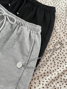 SHEIN 青少年女孩針織純色修身休閒短褲 2件套 - 彩色 - 查看 4