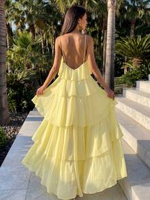 Firerie Elegantes romantisches Damen Chiffon-Kleid mit Blumenmuster, mehrlagigem Volant und rückenfreiem Design, geeignet für Hochzeitsgäste, Geburtstagsfeiern, Bankette, Urlaub, Dates - Gelb - Übersicht 3