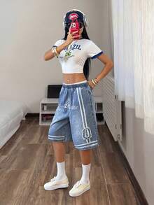 StreetHx Women's Letter Pattern Pocket Casual Elastic Waist Denim Shorts - Blue - View 3