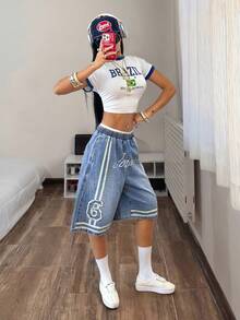 StreetHx Women's Letter Pattern Pocket Casual Elastic Waist Denim Shorts - Blue - View 4
