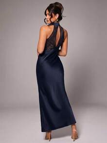 Silquee Women's Solid Color Fitted Back Splice Lace Elegant Halter Neck Dress Dinner Navy Blue Summer - Blue - View 7