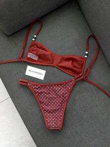 Swim Mod Setelan Baju Renang Wanita 2 Potong, Seri Summer Sweet, Motif Garis Biru dan Cokelat Bolak-balik dengan Hiasan Manik-manik - MultiWarna - View 2