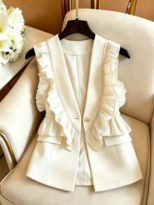 SHEIN Franclia 2026新款小眾設計女款西裝背心，荷葉邊飾邊、前開襟、金屬鈕扣，夏季優雅熱帶風，適合雞尾酒會、度假、社交、辦公場合 - 杏色 - 查看 6