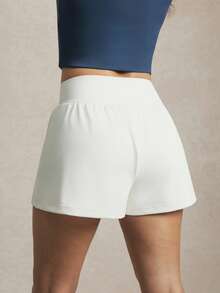 Activina Women's Asymmetric Waistband Double-Layer Golf Shorts,Solid White Old Money Chic Activewear For Running,Cycling,Yoga,Tennis&Gym Daily Wear - White - View 3