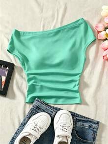 SHEIN Camiseta sencilla con hombros descubiertos para niñas preadolescentes en primavera y verano - Verde - Ver 2