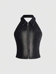 ROMWE Top de tirantes de mezclilla para mujer con cremallera, negro lavado vintage, estilo festival de música - Negro - Ver 1