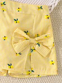 Elladie kids Girls' Lemon Print Yellow White Plaid 2-Piece Set, Round Neck Flutter Sleeve T-Shirt High Waist A-Line Skort, Casual Cute Vacation Summer Outfit - Yellow - View 6