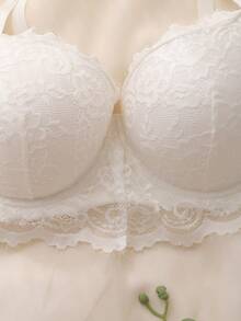 DelicateAllure Sutiã Balconette Plus Size Branco com Aro, Taça Moldada, Alta Cobertura, Alta Sustentação, Suavização Lateral, Patchwork de Renda, Puro, Elegante e Confortável - Branco - Visão 5