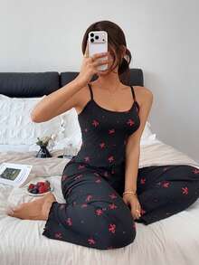 SHEIN 女款休閒性感蝴蝶結印花套裝 - 黑色 - 查看 7