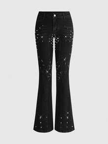 ROMWE Grunge Punk Autumn Punk Y2k Indie Sleaze Hedi Metal Rivet Ultra Low Waist Skinny Jeans Going Out Night Out All Black - Black - View 2