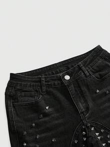 ROMWE Grunge Punk Autumn Punk Y2k Indie Sleaze Hedi Metal Rivet Ultra Low Waist Skinny Jeans Going Out Night Out All Black - Black - View 3
