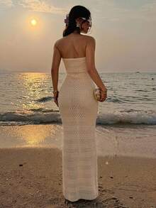 Livesso Women's Vacation Beach Strapless Side Slit Knit Cover-Up Dress Summer - Apricot - View 2