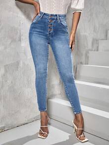 Selenza Button Fly Bleach Wash Skinny Jeans - Light Wash - View 4