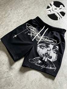 ROMWE MEN Street Life Celana Pendek Olahraga Kasual Pria Musim Semi/Panas 2026 dengan Motif Tebal, Celana Jogging Pasangan Unisex - Hitam - View 2