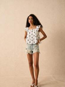 Muvela Women's Bowknot Print Ruffle Hem Cap Sleeve Blouse - Multicolor - View 4