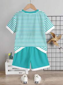 Young Boy Casual Minimalist T-Shirt Set, Classic Striped Summer Azure Color Pattern Print, Classic Coconut Tree Logo Pattern Print, Suitable For Spring And Summer, Suitable For Vacation - Multicolor - View 3
