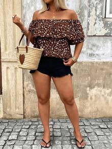 Breezaya Plus Size Women's Floral Ruffle Ruffle Blouse For Vacation Brunch Brown Summer Bohemian - Coffee Brown - View 5