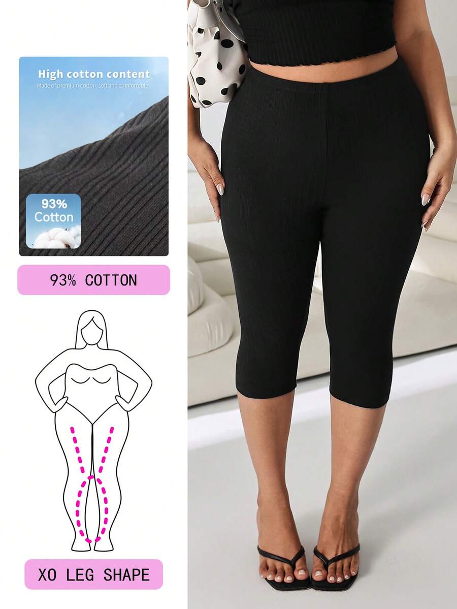 Solflare Plus Size Casual Versatile Solid Color High Waist Leggings - Black - View 1