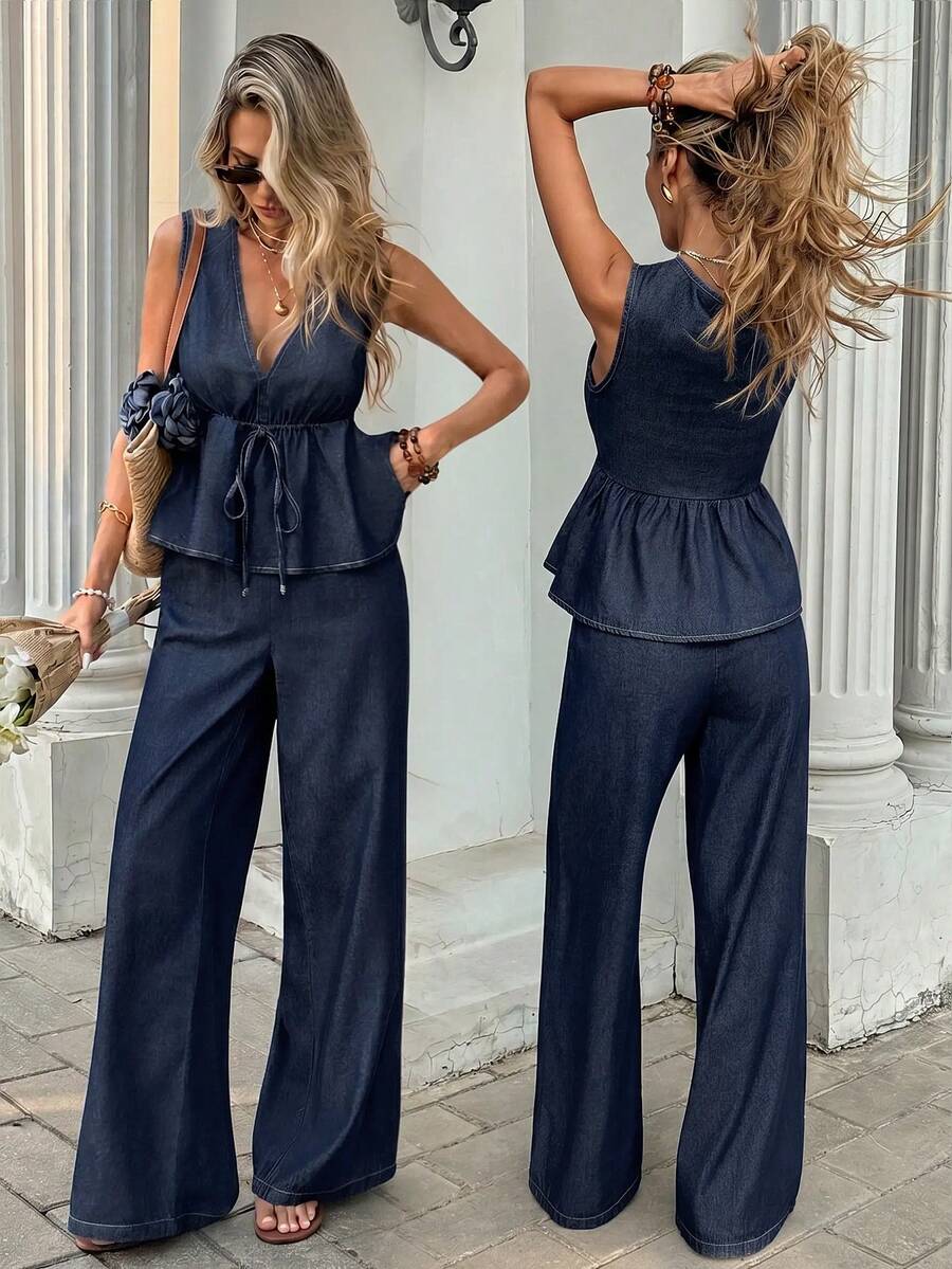 Serisse Women's V-Neck Pleated Top And Long Pants Casual Daily Denim Set - Dark Wash - View 1