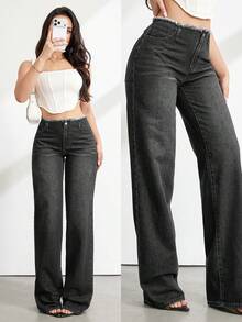 SHEIN Tall 女款高腰深藍色寬腿牛仔褲 磨損腰部休閒夏季度假穿搭 女款休閒水洗直筒牛仔褲 - 黑色 - 查看 9