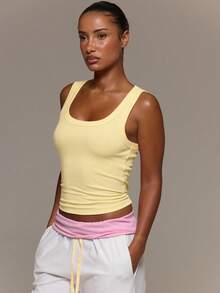 MUSERA ESSENTIALS Ribbed Scoop Neck Fitted Tank Vest Top Cute Everyday Basics Sexy Daily Spring Summer Essential - Yellow - View 3