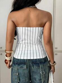 Maweii Damen-Top in großen Größen, sexy, trägerlos, mit Knopfleiste, schwarz-weiß gestreift, mit Buchstabenprint, dehnbar, lässig/Party, elegant - Schwarz und Weiss - Übersicht 2