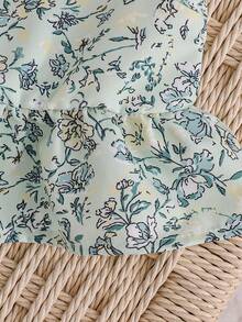 Newborn Baby Girl Vacation Casual Cute Floral Pattern Bow Tank Top & Shorts Set - Mint Green - View 4