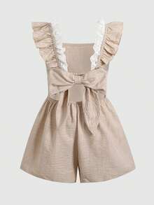 SHEIN Tween Girls Apricot Casual Daily Vacation Cap Sleeve Back Bow Romper - Apricot - View 2
