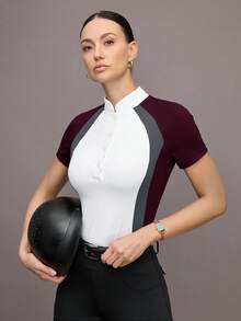 Activina Women's Contrast Color Patchwork Short Sleeve Equestrian Top - White - View 8