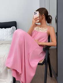 Napfluff Minimalist Textured Lace Trim Spaghetti Strap Long Nightgown For Women - Pink - View 4