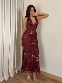 Allurite Damen langes Paillettenkleid mit Neckholder, langes Pailletten-Meerjungfrau-Abendkleid, formelles Partykleid, Hochzeitskleid, Ballkleid, Hochzeitsgast, Abschlussfeier, Feiertagsparty-Kleid, Abendessen - Bordeaux - Übersicht 5