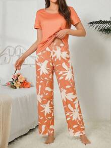 SHEIN 女款休閒花卉印花睡衣套裝 - 橘色 - 查看 4