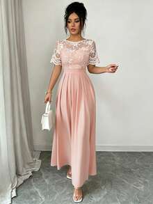 SHEIN Elenzya Women's Casual Short Sleeve Lace Patchwork Fitted Slit Dress - Pink - View 6