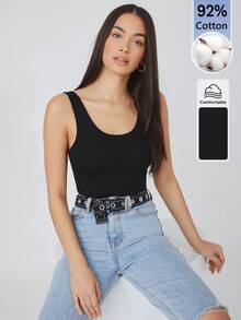 SHEIN BASICS 女款純色修身百搭休閒上衣 - 黑色 - 查看 4