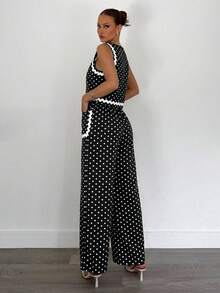 Siren Gaze Women's 2 Pieces Set, Contrast Trim Top And Solid Color Casual Elegant Loose Pants, Daily Casual Office Work Commute Outfit, Black And White Polka Dot - Black - View 2