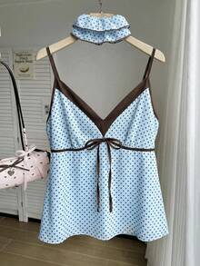 Comfortcana Spring Summer Light Blue Colorblock Patchwork Front Tie Bow Casual 1950s Vintage 1950s Vintage Plus Size Camisole Tank Top Date Night Vacation - Baby Blue - View 8