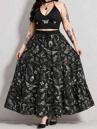 Ensemble 2 pièces grande taille pour femmes avec imprimé tout-sur-tout corbeau gothique sombre, arbre mort, crâne, papillon, mite, champignon