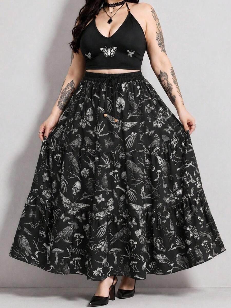 ROMWE Goth 大码女装两件套,饰有暗黑哥特风乌鸦、枯树、骷髅、蝴蝶、飞蛾、蘑菇图案。 - 黑色 - 查看 1
