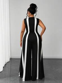 Maweii Plus Size Women's Summer Black & White Colorblock Sexy Deep V-Neck Sleeveless Jumpsuit, Elegant Outfit, Graduation Prom, Cosplay - Black and White - View 2