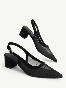 CUCCOO CHICEST French Polka Dot Mesh Pointed Shoes Thick Heel Back Strap Design Gentle Polka Dot High Heel Shoes - Black - View 5