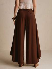 CielaLinda Women's Flowy Low-Rise Wide Leg Pants With Pockets Brunch Tea Party Dark Brown Autumn Elegant - Brown - View 2