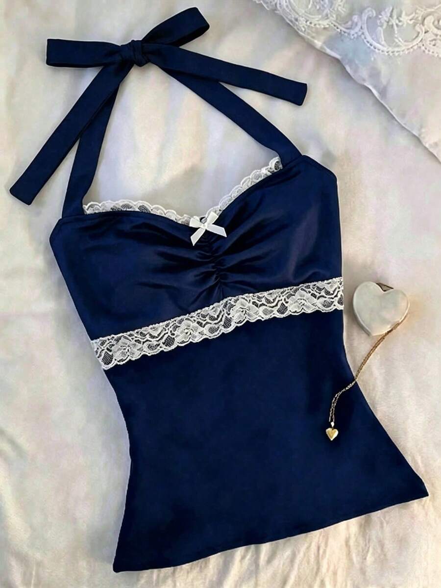 IslaSuriya Atasan Halter Berlipit dengan Hiasan Pita Renda Kontras untuk Wanita - Navy Blue - View 1
