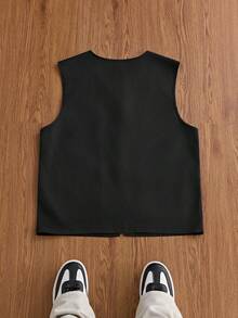SWAVVY Chaleco para hombre con botones de rana, cremallera y bolsillo con parche - Negro - Ver 2
