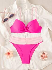 Swim Lushoire 女款夏季海灘拼色抓皺細肩帶比基尼上衣與三角褲兩件式泳衣套裝 - 彩色 - 查看 2