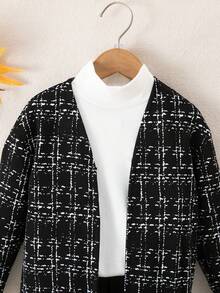 SHEIN 女童休閒舒適開襟長袖素色無口袋外套，秋冬黑色 - 黑與白 - 查看 4