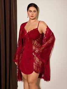 Slumberist Burgundy Glossy Lace Patchwork Loose Tie-Front Robe & Nightgown Set, Plus Size Women's Loungewear Sleepwear - Burgundy - View 4