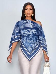 SHEIN PETITE Women's Spring Summer Solid Color Elegant Casual Simple Apricot Patterned Asymmetrical Collar Oblique Shoulder Sleeve Loose Fashionable Shirt Vintage Holiday Print Batwing Sleeve Blouse New Arrival Versatile Suitable For Party Vacation & Dating & Valentine's Day Clothing,Daily Commuting,Going Out - Navy Blue - View 5
