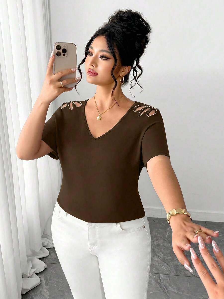 Elenzga Plus Size Premium Versatile Beaded Hollow-Out T-Shirt Brunch ...