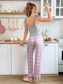 SweetSlumber Women's Casual Home Lace Top And Plaid Long Pants Pajama Set - Pink - View 2